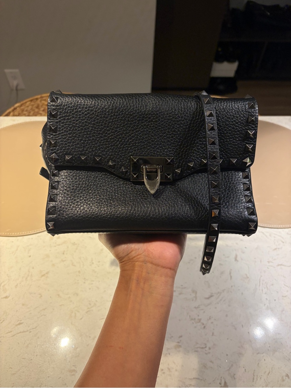 Valentino Garavani Black Rockstud Pebbled Leather Crossbody